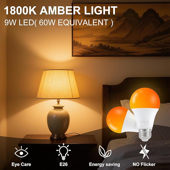 KINUR LED Amber Light Bulbs, A19 9W(60W Equivalent) 1800K E26 A19 Amber Soft Light Bulbs Warm Night Light for Bedroom, Healthy Sleep, Turtle Friendly Light 2 Pack