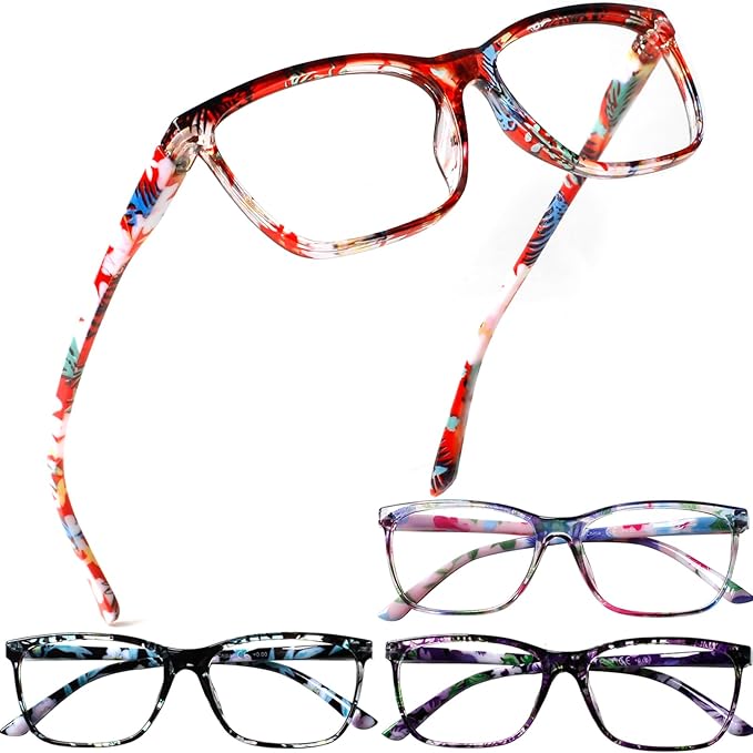 Henotin 4 Pack Ladies Reading Glasses Blue Light Blocking Spring Hinge Readers Anti Eyestrain Computer Eyeglasses (Multicolor-4, 2.75)
