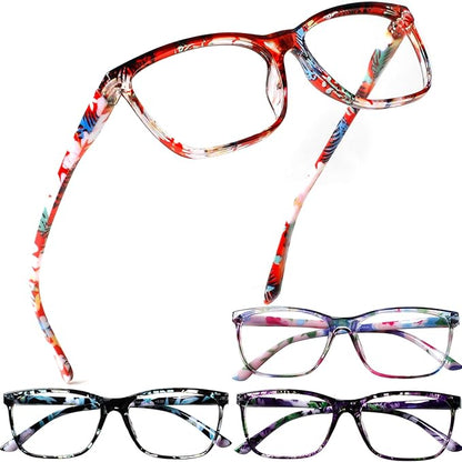 Henotin 4 Pack Ladies Reading Glasses Blue Light Blocking Spring Hinge Readers Anti Eyestrain Computer Eyeglasses (Multicolor-4, 3.5)
