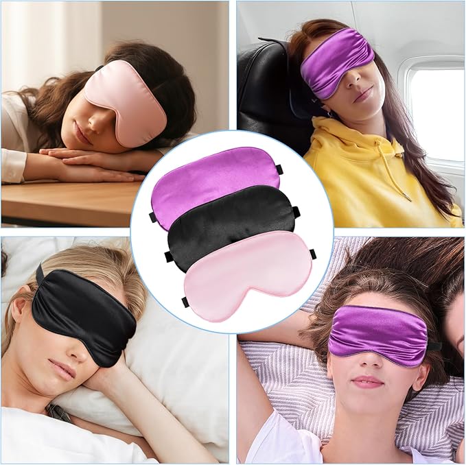 3 Pcs Sleep Mask, Satin Blackout Eye Mask Cover with Adjustable Strap, Silk Night Blindfold Eyeshade Nap for Men & Women Travel Sleeping (Black, Pink, Purple)
