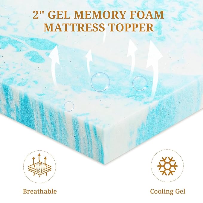 Mattress Topper Twin XL, 2 Inch Gel Infused Memory Foam Mattress Topper, Pressure Relief, Mattress Pad, Breathable Bed Topper, CertiPUR-US Certified