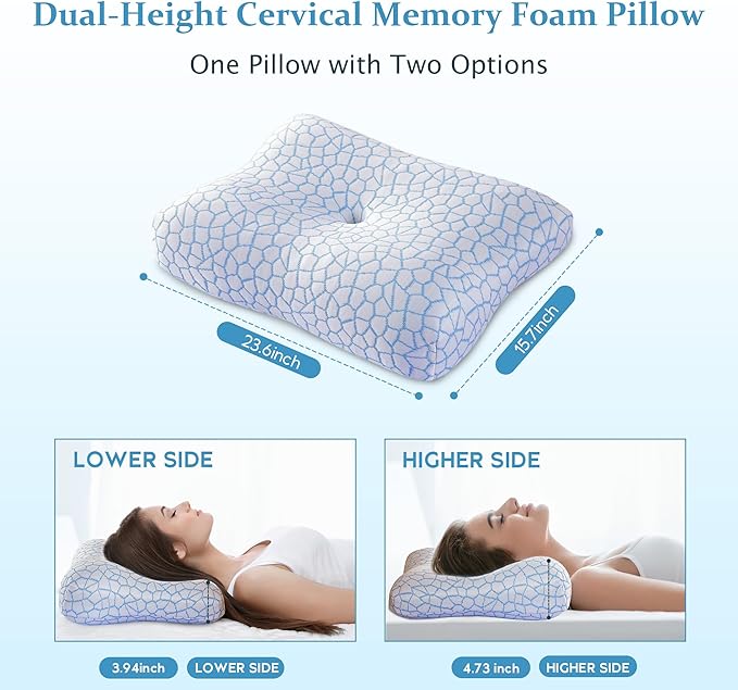 Memory Foam Side Sleeper Pillow for Neck and Shoulder Painf,Cervical Support,Queen Size Cooling Contour Pillow with Dual-Height, Orthopedic Ergonomic for Side, Back, Stomach Sleeper