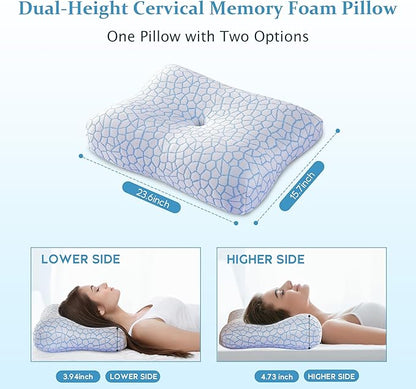 Memory Foam Side Sleeper Pillow for Neck and Shoulder Painf,Cervical Support,Queen Size Cooling Contour Pillow with Dual-Height, Orthopedic Ergonomic for Side, Back, Stomach Sleeper