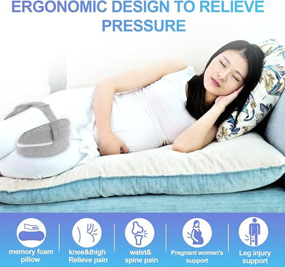 Knee and Leg Memory Foam Pillow for Side Sleepers, Ergonomic Support for Back, HIPS, Knees, Joints, Nerves and Muscle Discomfort Relief (Gray with Strap)
