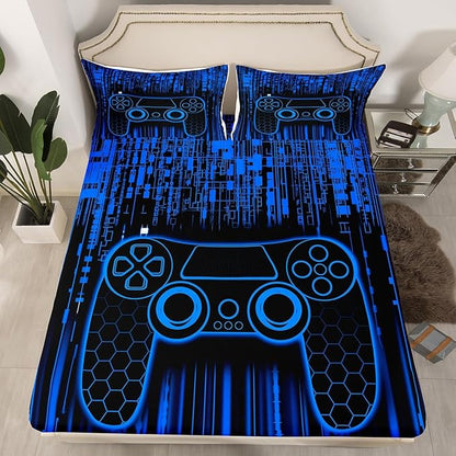 Videogaming Gamepad Kids Sheet King Size,3D Gamer Controller Fashion Bedding Set,Boys Girls Room Decor,Neon Geometric Honeycomb Hexagon Navy Blue Bed Sheet Set 4pcs(Fitted + Flat + 2 Pillowcases)