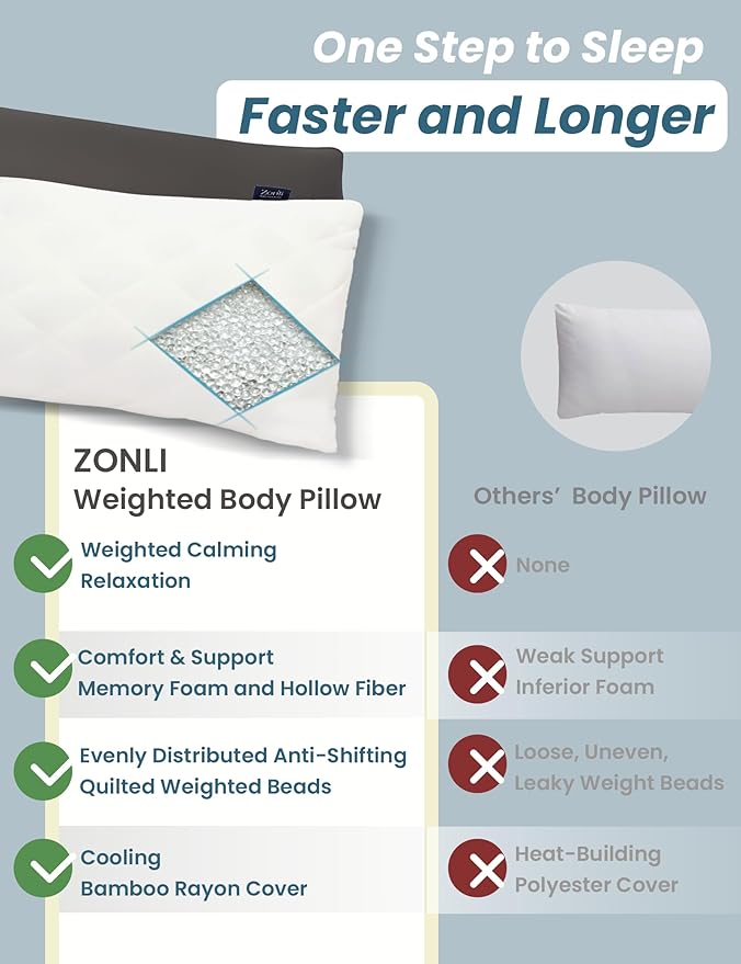 ZonLi Cooling Weighted Body Pillow with Bamboo Cover (48" x 14") 8.5lbs, Quilted Glass Beads Body Pillows for Adults, Weighted Pillow for Deep Sleepers, Full Body Pillow for Side Sleepers