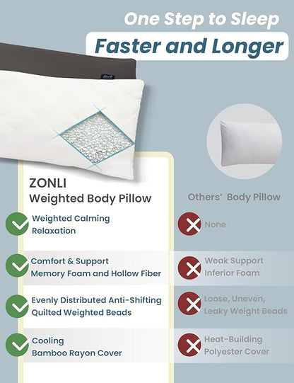 ZonLi Cooling Weighted Body Pillow with Bamboo Cover (48" x 14") 8.5lbs, Quilted Glass Beads Body Pillows for Adults, Weighted Pillow for Deep Sleepers, Full Body Pillow for Side Sleepers