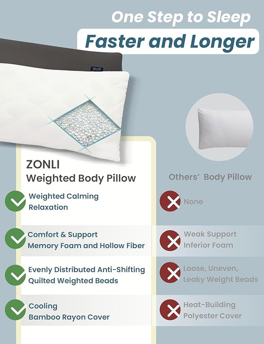 ZonLi Cooling Weighted Body Pillow with Bamboo Cover (48" x 14") 8.5lbs, Quilted Glass Beads Body Pillows for Adults, Weighted Pillow for Deep Sleepers, Full Body Pillow for Side Sleepers