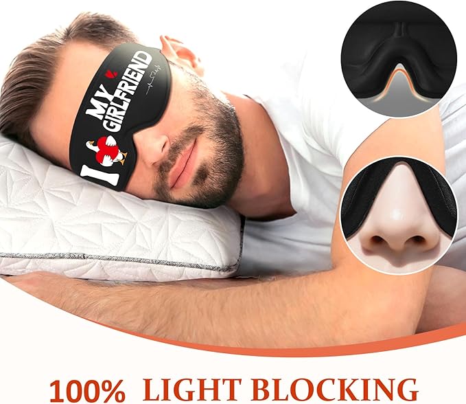 Funny 3D Zero Pressure Sleep Eye Mask for Men Women Side Sleeper, Adjustable Blackout Breathable Eye Masks for Travel Nap Night Sleep, Humorous Gift Stocking Stuffers (Love My Girlfriend)