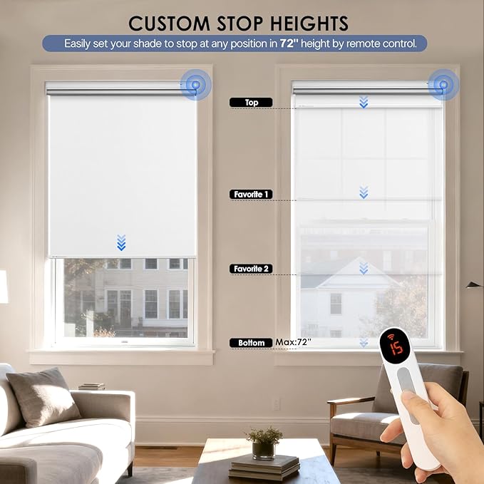 Motorized Blackout Smart Roller Blinds with Remote Control & Solar Panel - Automatic Electric Shades for Windows, Compatible with Alexa - White,34" W*72" H