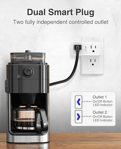 15A Dual Smart Plug 4 Pack, GHome Smart Plugs That Work with Alexa and Google Home, 2-in-1 Compact Smart Outlet Timer with APP Remote Control, 2.4GHz Wi-Fi Only, No Hub Required, FCC Listed