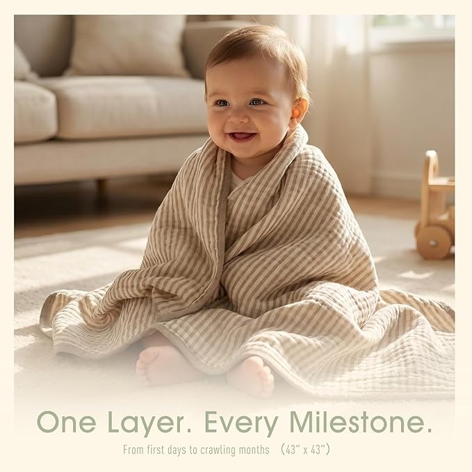 Ultra Soft Muslin Baby Blanket - Made with Organic Cotton, Gender Neutral Warm Coffee Striped Jacquard, Swaddle & Crib Quilt, 43x43 Inches (Horizon Dune)