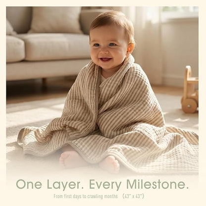 Ultra Soft Muslin Baby Blanket - Made with Organic Cotton, Gender Neutral Warm Coffee Striped Jacquard, Swaddle & Crib Quilt, 43x43 Inches (Horizon Dune)