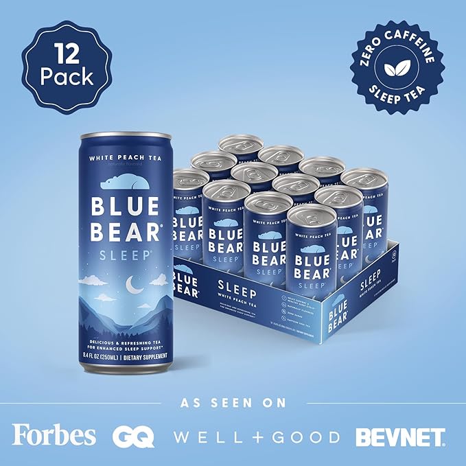Blue Bear Melatonin Sleep Drink, Sleep Tea for Bedtime Support, White Peach Tea with Melatonin (5mg), Lavender, Ashwagandha, Chamomile, GABA, L-Theanine, Caffeine-Free, Zero Sugar, 8.4 Fl Oz 12-Pack