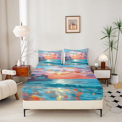 Beach Boys Girls Bed Sheets,Ocean Coastal Sunset Sea Room Decor,Summer Hawaii Fashion Kids Twin Size Fitted Sheet,Orange Blue Bedding Set,1 Pillowcase(No Flat)