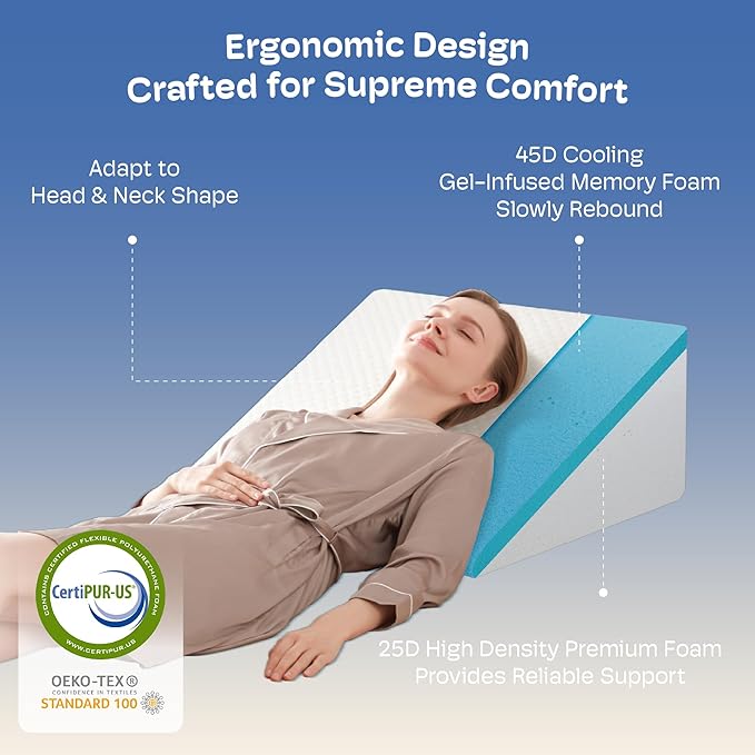 Wedge Pillow, Wedge Pillow for Acid Reflux, Back Pain Relief, Cooling Memory Foam Top, Bed Wedge Pillows for Headboard, Sleeping, Snoring, Back Support, After Surgery.