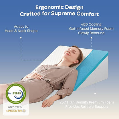 Wedge Pillow, Wedge Pillow for Acid Reflux, Back Pain Relief, Cooling Memory Foam Top, Bed Wedge Pillows for Headboard, Sleeping, Snoring, Back Support, After Surgery. 24*24*7.5inch wedge pillow