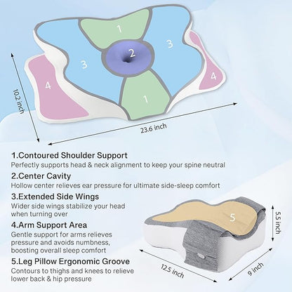 2-in-1 Side Sleeper Pillow for Adults Set–Ergonomic Contour Cervical Neck Pillow Memory Foam +Leg/Knee Pillow for Side Sleepers,Sciatica&Neck Pain Relief,Cooling Ice-Silk Removable Covers