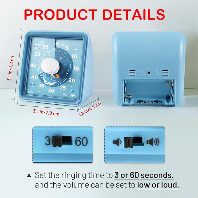 Secura 60-Minute Visual Countdown Timer for Kids & Adults, Classroom Time Management Tool (Blue & Blue)