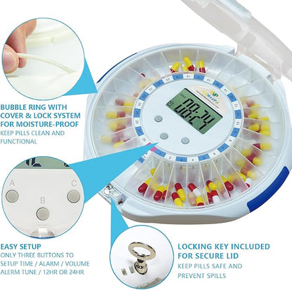 EziMedPil Bluetooth Pill Dispenser w/Sound & Light & App Alert, up to 9 Alarms/Day, Easy Setup on SmartLife, Frosted Lid & Locked 28-Day Medication Dispenser for Protecting Pills Privacy