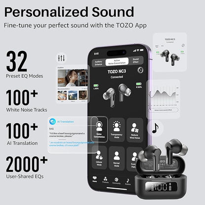 TOZO Hybrid Active Noise Cancelling Wireless Earbuds with 6 Mics AI Clear Call Ear Buds 68H Playtime with LED Display 32 Preset EQs via APP Bluetooth 5.3 IPX8 Waterproof in Ear Headphones