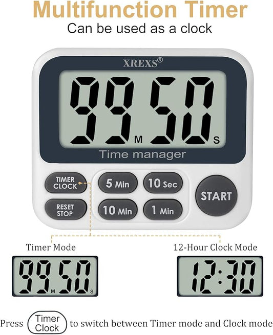 XREXS Digital Kitchen Timer, Magnetic Countdown Up Cooking Timer with Large LCD Display, Adjustable Volume, Loud Alarm & Strong Magnet for Teachers (Batteries Included)