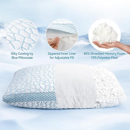 QUTOOL Double Sided Cooling Pillow for Hot Sleepers, Shredded Memory Foam Pillows King Size Set of 2, Adjustable Soft & Firm Gel Bed Pillow for Side, Back, Stomach Sleepers