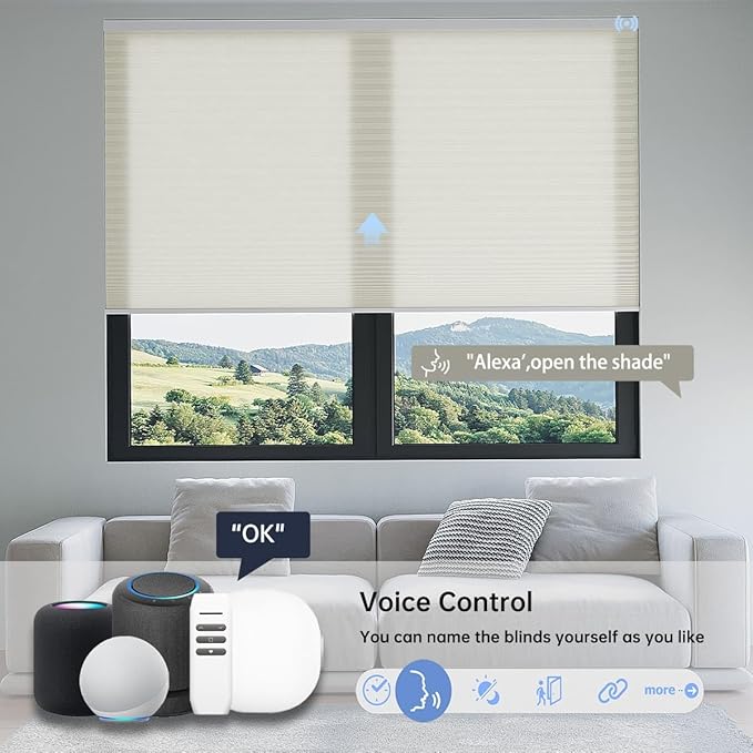 Motorized Cellular Shades with Remote, Light Filtering Smart Cellular Shades Compatible with Alexa, Honeycomb Window Blinds for Bedroom Home Office, Custom Size, Half Shading Soft Pearl