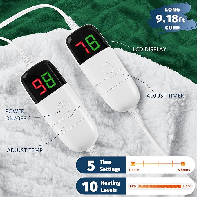 Heated Electric Blanket Queen Size - 84" x 90" Heating Blanket with Dual Control, 10 Heating Levels & 8 Hours Auto Off, Soft Warm Flannel Blanket, Christmas Birthday Gifts for Senior Grandma