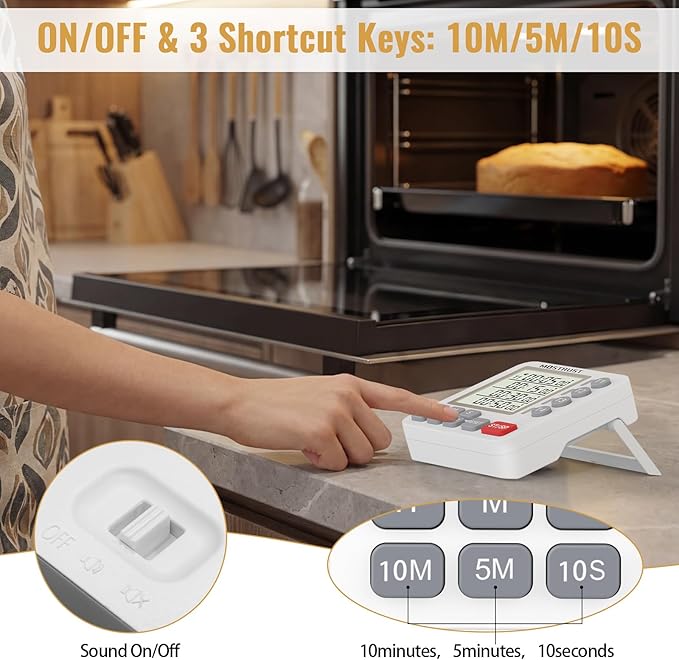 Digital Dual Kitchen Timer, 4 Channels Independent Countdown Timer, Large Display, On/Off, Loud Volume Alarm and Flashing Light with Magnetic Back, Stand, Battery Included (White)
