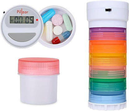 Portable Stackable Pill Organizer and Timer Cap with 14 Countdown Alarm presets. Comes with 1 Timer, 6 Small Stackable Containers, 1 Large Container, and 2 Magnetic Adapters. Travel Friendly.