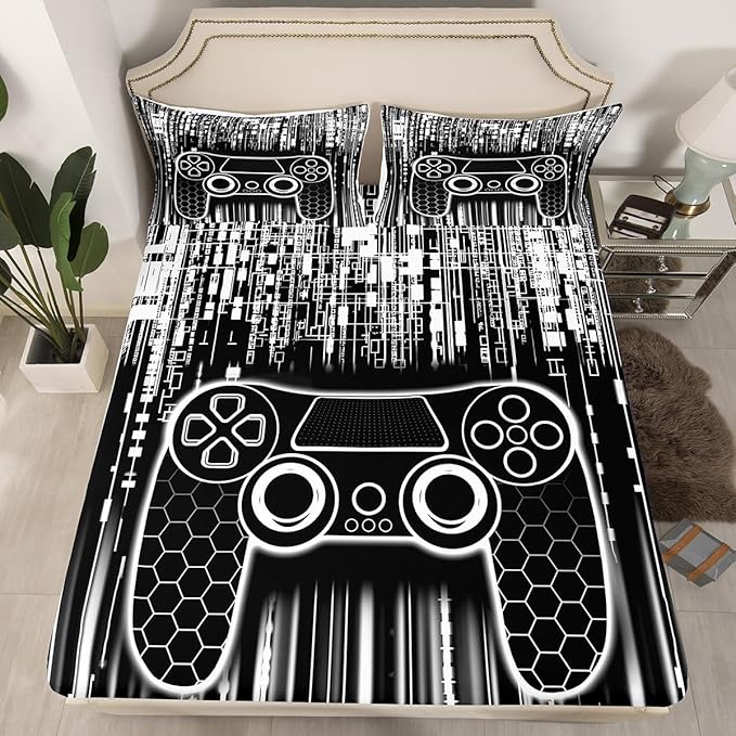 Gamepad Kids Sheet Queen Size,Honeycomb Hexagon Geometric Fashion Bedding Set,Boys Girls Room Decor,Modern Videogaming Gamer Controller Black White Bed Sheet Set 4pcs(Fitted + Flat + 2 Pillowcases)
