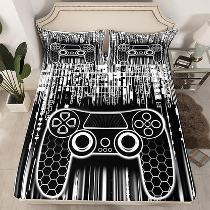 Gamepad Kids Sheet Queen Size,Honeycomb Hexagon Geometric Fashion Bedding Set,Boys Girls Room Decor,Modern Videogaming Gamer Controller Black White Bed Sheet Set 4pcs(Fitted + Flat + 2 Pillowcases)