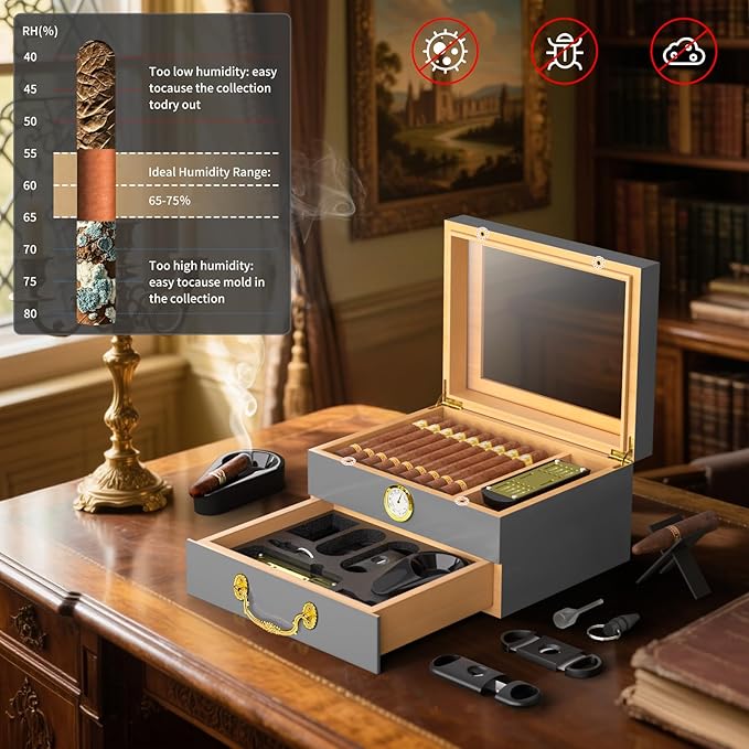 Cigar Humidor Box - Spanish Cedar Small Table Top Humidors for 20-50 Cigars with Accessories and Humidifier - Storage Drawer - Stylish Desktop Cigar Holder for Men - Portable Travel Case Light Gray