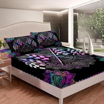 Exotic Bohemian Lotus Mandala Fitted Sheet Queen Size Black White Checkered Flag Print Bedding Sheet Set Racing Car Bed Cover Ultra Soft Breathable Bedding 3 Pcs