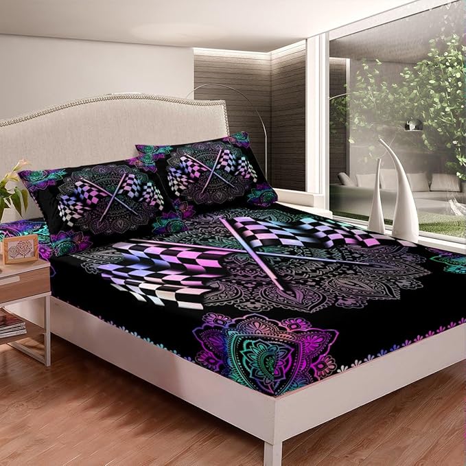 Racing Car Bedding Set Twin Size Black White Checkered Flag Print Bed Set for Teens Bedroom Decor Kids Sheet Microfiber Exotic Bohemian Lotus Mandala Bed Cover(1 Fitted Sheet+1 Pillow Case)
