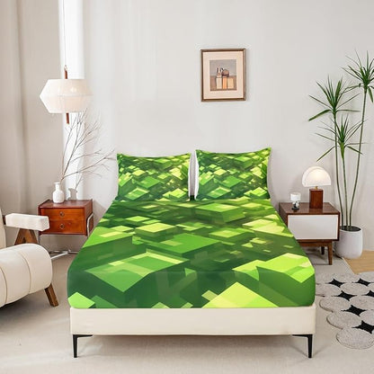 Pixelated Blocks Kids Full Size Fitted Sheet,Square Video Games Gamepad Room Decor,Geometric Grid Patchwork Boys Girls Bed Sheets,Green Bedding Set,2 Pillowcases(No Flat)