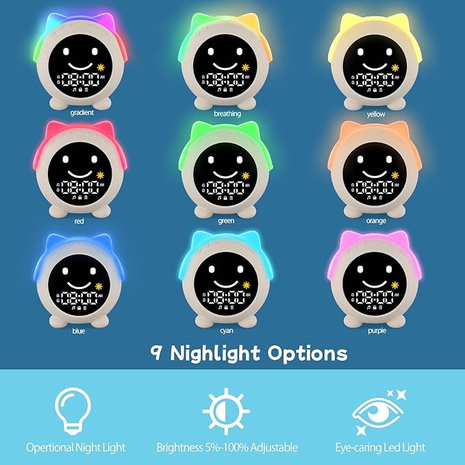 Kids Alarm Clock with Sleep Training, LED Night Light, Bluetooth Music, Multi-Color Display, Sound Machine, OK to Wake Light for Toddlers and Children