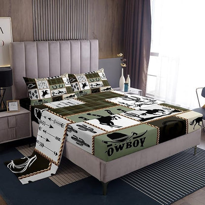Western Cowboy Kids Sheet Full Size,Cactus Arrow Geometric Plaids Bedding Set,Boys Girls Adults Room Decor,Horseshoes Rustic Farmhouse Camo Retro Bed Sheet Set 4pcs(Fitted + Flat + 2 Pillowcases)
