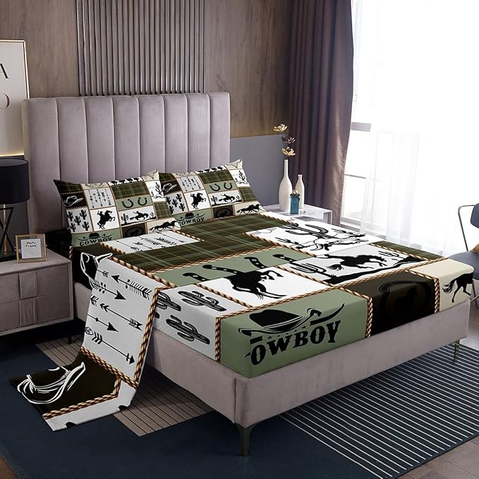 Western Cowboy Kids Sheet King Size,Cactus Arrow Geometric Plaids Bedding Set,Boys Girls Adults Room Decor,Horseshoes Rustic Farmhouse Camo Retro Bed Sheet Set 4pcs(Fitted + Flat + 2 Pillowcases)