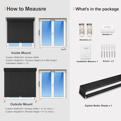 Persilux Custom Size Free-Stop Cordless Blinds for Indoor Windows with Cover, Window Shades Blackout Roller Blinds, Thermal Insulated Fabric UV Protection for Kitchen, Office, Living Room, Black
