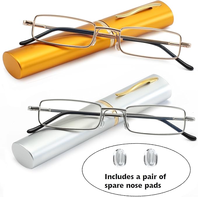 Blue Light Blocking Reading Glasses - Slim Pocket Readers with Pen Clip Case Mini Lightweight Readers