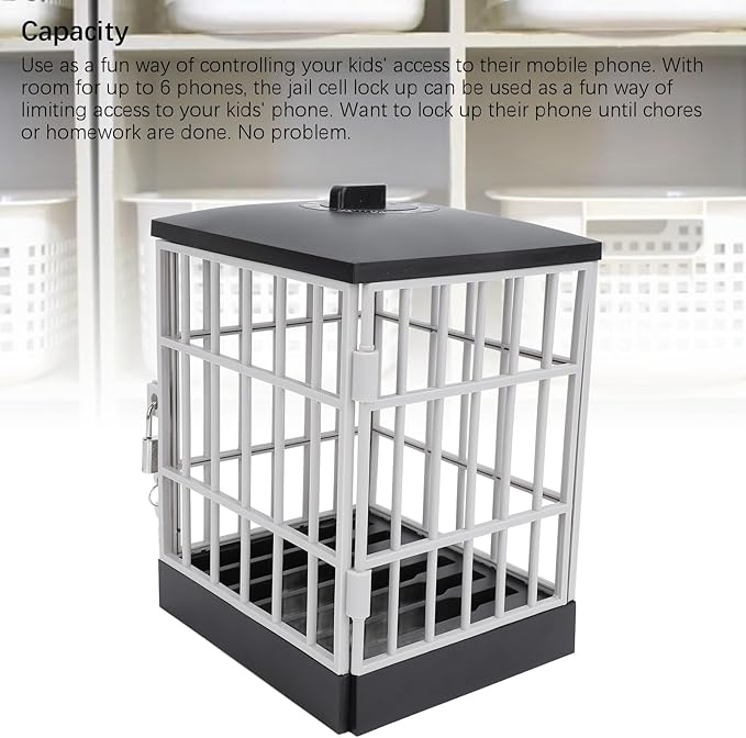 Cell Phone Jail Lock Box, Timer-Enabled Smartphone Storage Cage with Key Lock for 6 Phones, Black Grey Phone Stand Holder for Classroom Home Office to Limit Screen Time
