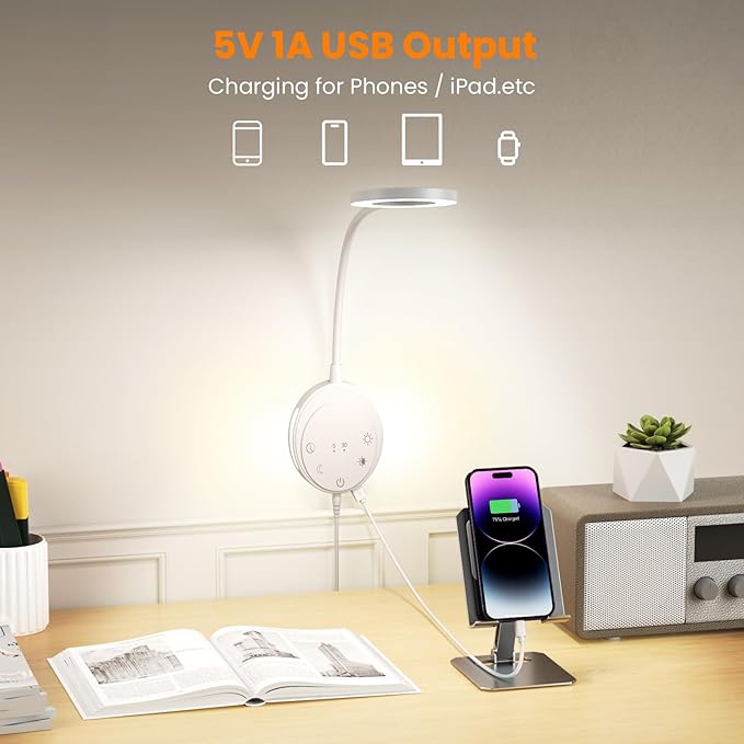 Wall Mounted Reading Light,Bedside Headboard Lights with 5 Color Temperature &5 Dimming,360°Flexible Gooseneck,USB Output, Night Light&Timer Function- Perfect for Reading (White)