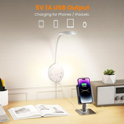 Wall Mounted Reading Light,Bedside Headboard Lights with 5 Color Temperature &5 Dimming,360°Flexible Gooseneck,USB Output, Night Light&Timer Function- Perfect for Reading (White)