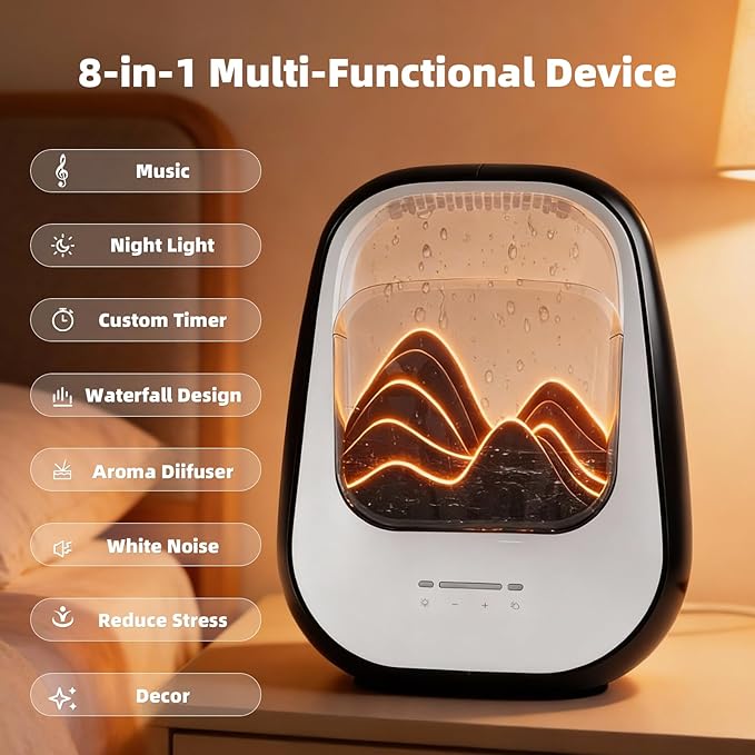 8-in-1 White Noise Sound Machine with Night Light, Help Stress Relief, Waterfall Design Essential Oil Diffuser Rain Sound Machine with Humidifier for Bedroom Office Decor Gift, Black