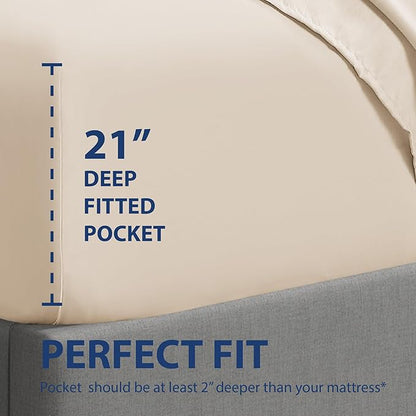 Cathay Home Twin XL Fitted Sheet - Double Brushed Ultra Soft – Wrinkle & Fade Resistant - 16" Deep Pocket Fitted Sheet Only - Good Fit for 14"-18" Deep Mattress (Twin XL, Cream)