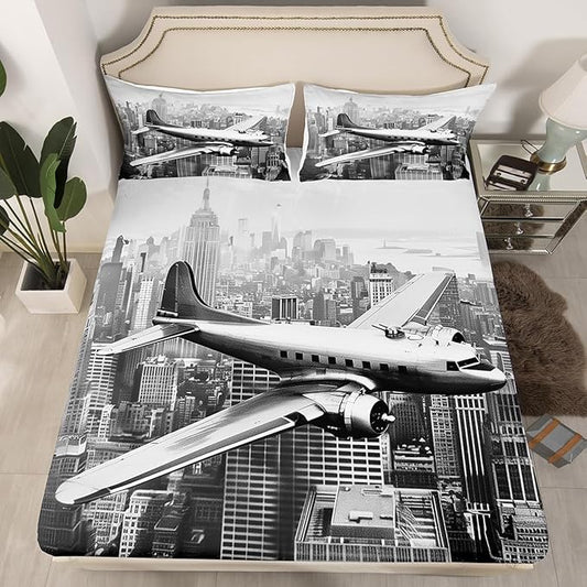 3D Airplane Kids Fitted Sheet Full Size,Modern Flying Plane Aviation Aircraft Bedding Set,Boys Girls Room Decor,High Building Retro Bed Cover,Grey Fashion Bed Sheet,2 Pillowcases