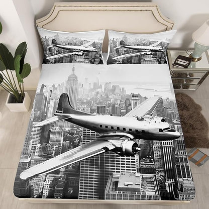 3D Airplane Kids Fitted Sheet Queen Size,Modern Flying Plane Aviation Aircraft Bedding Set,Boys Girls Room Decor,High Building Retro Bed Cover,Grey Fashion Bed Sheet,2 Pillowcases