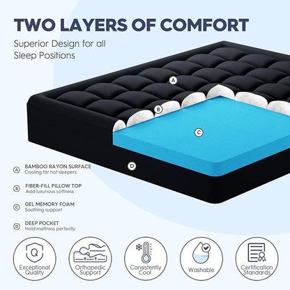 ELEMUSE 3 Inch Dual Layer Memory Foam Mattress Topper King, 2 Inch Cooling Gel Memory Foam Plus 1 Inch Down Alternative Pillowtop Mattress Pad with Cooling Cover,Black